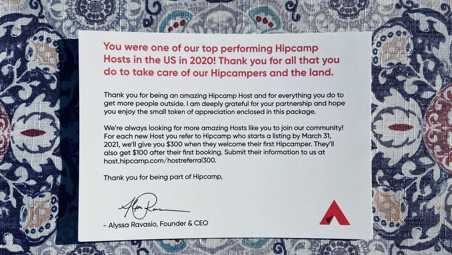 Hipcamp recognition top performing host 2020